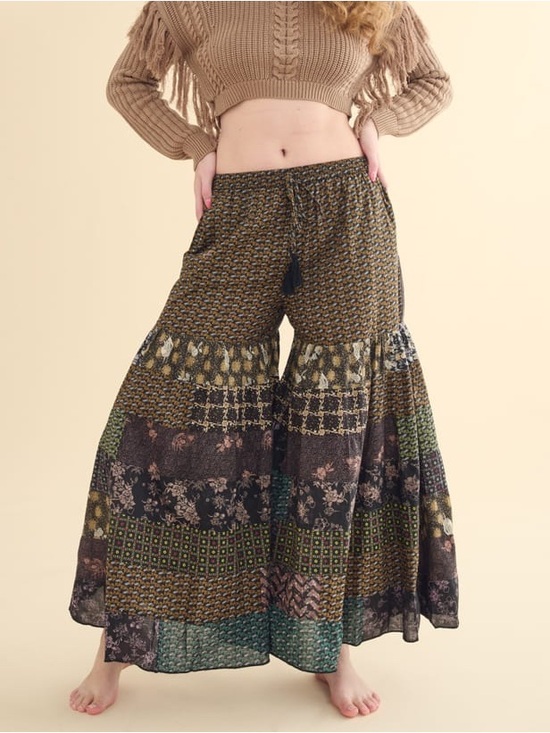 Earthbound Trading Co Pants - Wide Leg Boho Patchwork Palazzo Pants - Brown Multi